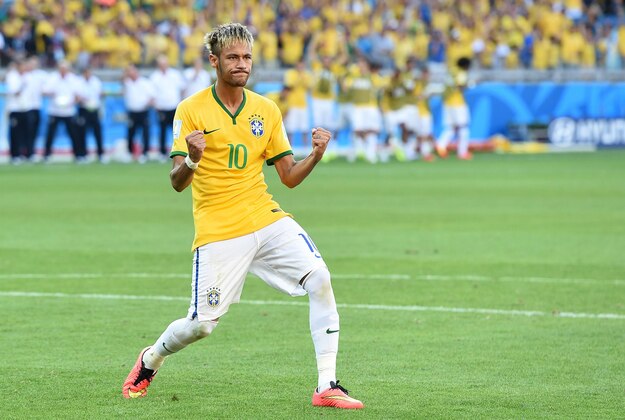 June 28, 2014; Belo Horizonte, BRAZIL; Brazil player Neymar celebrates after converting a penalty kick against Chile during the round of sixteen match in the 2014 World Cup at Estadio Mineirao.  Mandatory Credit: Tim Groothuis/Witters Sport via USA TODAY Sports
