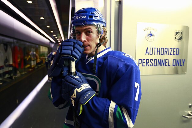VANCOUVER, BC - APRIL 13:  David Booth #7 of the Vancouver Canucks waits to go on the ice during their NHL game against the Calgary Flames at Rogers Arena April 13, 2014 in Vancouver, British Columbia, Canada.  Vancouver won 5-1. (Photo by Jeff Vinnick/NHLI via Getty Images)