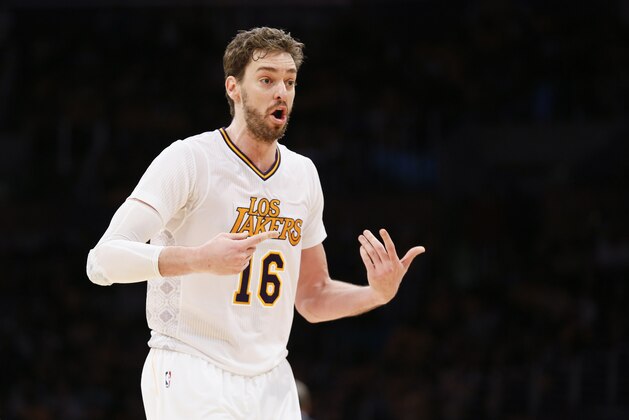 Los Angeles Lakers center Pau Gasol argues a call while playing against the Oklahoma City Thunder during the second half of an NBA basketball game in Los Angeles, Sunday, March 9, 2014. The Lakers won 114-110. (AP Photo/Danny Moloshok)