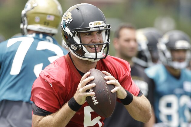 Jacksonville Jaguars quarterback Blake Bortles (5) looks for a receiver during a team scrimmage at NFL football minicamp in Jacksonville, Fla., Wednesday, June 18, 2014. (AP Photo/John Raoux)
