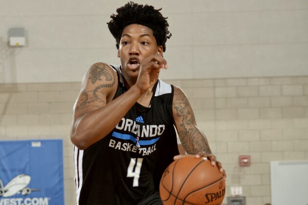 ORLANDO, FL - JULY 5: Elfrid Payton #4 of the Orlando Magic drives against the Philadelphia 76ers on July 5, 2014 at Amway Center in Orlando, Florida. NOTE TO USER: User expressly acknowledges and agrees that, by downloading and or using this photograph, User is consenting to the terms and conditions of the Getty Images License Agreement. Mandatory Copyright Notice: Copyright 2014 NBAE  (Photo by Fernando Medina/NBAE via Getty Images)