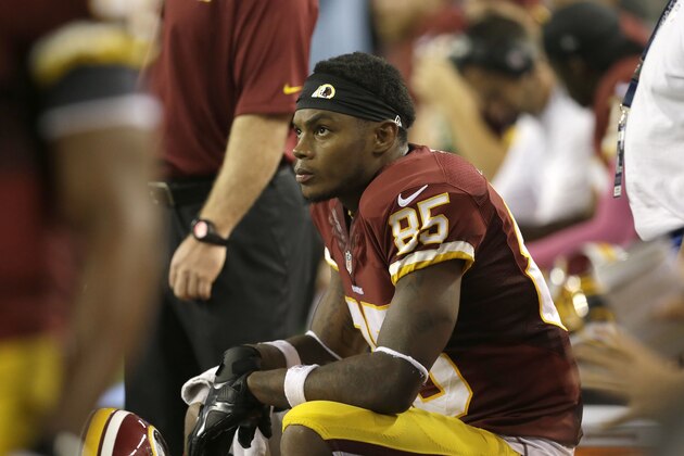 Washington Redskins wide receiver Leonard Hankerson (85) sits on the bench during the second half of an NFL football game against the Dallas Cowboys Sunday, Oct. 13, 2013, in Arlington, Texas. (AP Photo/LM Otero)