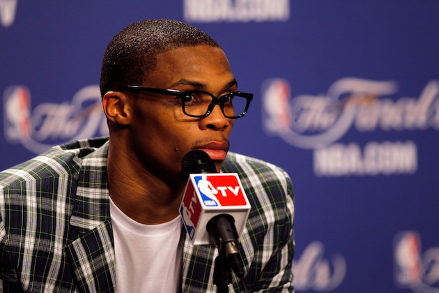 MIAMI, FL - JUNE 19:  Russell Westbrook #0 of the Oklahoma City Thunder looks on during his post game press conference against the Miami Heat in Game Four of the 2012 NBA Finals on June 19, 2012 at American Airlines Arena in Miami, Florida. NOTE TO USER: User expressly acknowledges and agrees that, by downloading and or using this photograph, User is consenting to the terms and conditions of the Getty Images License Agreement.  (Photo by Mike Ehrmann/Getty Images)