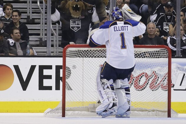 Bailey, mascot for the Los Angeles Kings, hold signs as St. Louis Blues goalie Brian Elliott drinks water during the third period in Game 3 of a first-round NHL hockey Stanley Cup playoff series in Los Angeles, Saturday, May 4, 2013. The Kings won 1-0. (AP Photo/Jae C. Hong)