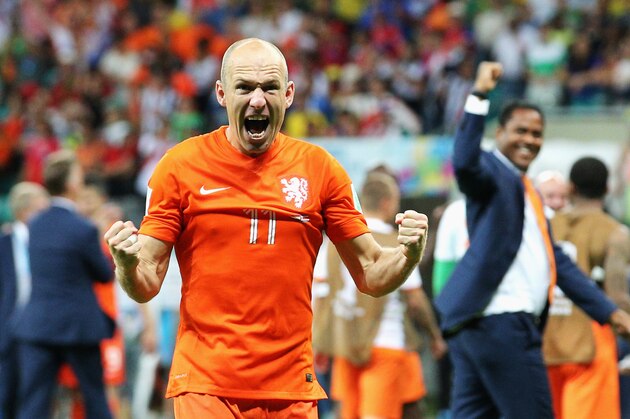 SALVADOR, BRAZIL - JULY 05:  Arjen Robben of the Netherlands screams as he celebrates victory after the 2014 FIFA World Cup Brazil Quarter Final match between the Netherlands and Costa Rica at Arena Fonte Nova on July 5, 2014 in Salvador, Brazil.  (Photo by Dean Mouhtaropoulos/Getty Images)