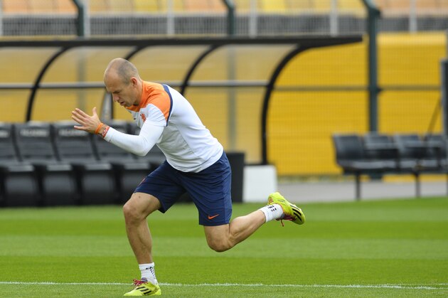 Netherlands' Arjen Robben attends an official training session one day before their World Cup semifinals soccer match against Argentina at the Paulo Machado de Carvalho Stadium in Sao Paulo, Brazil, Tuesday, July 8, 2014. (AP Photo/Manu Fernandez)