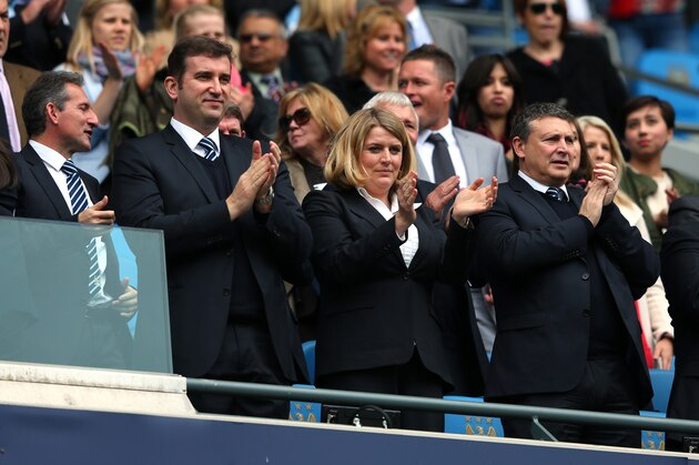 MANCHESTER, ENGLAND - MAY 19:  (l-r) Txiki Begiristain the Director of Football at Manchester City, Ferran Soriano the CEO and Vicky Kloss the chief communications officer of Manchester City look on prior to the Barclays Premier League match between Manchester City and Norwich City at Etihad Stadium on May 19, 2013 in Manchester, England.  (Photo by Alex Livesey/Getty Images)