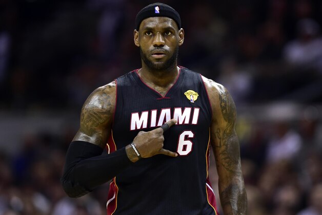Jun 15, 2014; San Antonio, TX, USA; Miami Heat forward LeBron James (6) calls a play during the first quarter against the San Antonio Spurs in game five of the 2014 NBA Finals at AT&T Center. Mandatory Credit: Bob Donnan-USA TODAY Sports