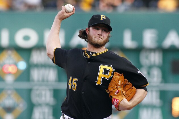 PITTSBURGH, PA - MAY 24:  Gerrit Cole #45 of the Pittsburgh Pirates pitches in the first inning against the Washington Nationals during the game at PNC Park May 24, 2014 in Pittsburgh, Pennsylvania.  (Photo by Justin K. Aller/Getty Images)