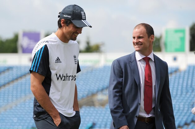 LEEDS, ENGLAND - JUNE 24:  England captain Alastair Cook speaks with former captain Andrew Strauss ahead of day five of 2nd Investec Test match between England and Sri Lanka at Headingley Cricket Ground on June 24, 2014 in Leeds, England.  (Photo by Gareth Copley/Getty Images)
