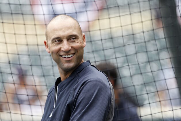 New York Yankees shortstop Derek Jeter laughs before a baseball game against the Minnesota Twins in Minneapolis, Sunday, July 6, 2014. (AP Photo/Ann Heisenfelt) New York Yankees shortstop Derek Jeter laughs before a baseball game against the Minnesota Twins in Minneapolis, Sunday, July 6, 2014. (AP Photo/Ann Heisenfelt)