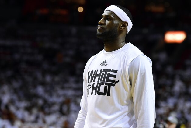 Jun 12, 2014; Miami, FL, USA; Miami Heat forward LeBron James reacts prior to game four of the 2014 NBA Finals against the San Antonio Spurs at American Airlines Arena. Mandatory Credit: Bob Donnan-USA TODAY Sports
