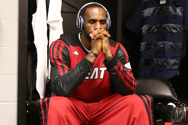 SAN ANTONIO, TX - JUNE 15: LeBron James #6 of the Miami Heat in the locker room before Game Five of the 2014 NBA Finals against the San Antonio Spurs at AT&T Center on June 15, 2014 in San Antonio, Texas. NOTE TO USER: User expressly acknowledges and agrees that, by downloading and/or using this photograph, user is consenting to the terms and conditions of the Getty Images License Agreement.  Mandatory Copyright Notice: Copyright 2014 NBAE (Photo by Nathaniel S. Butler/NBAE via Getty Images)
