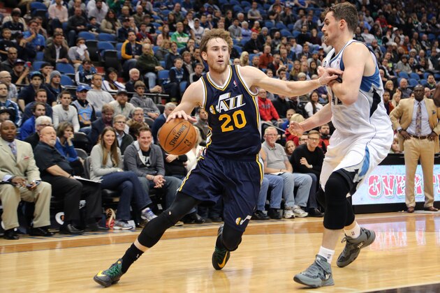 MINNEAPOLIS, MN - April 16: Gordon Hayward #20 of the Utah Jazz drives to the basket against the Minnesota Timberwolves on April 16, 2014 at Target Center in Minneapolis, Minnesota. NOTE TO USER: User expressly acknowledges and agrees that, by downloading and or using this Photograph, user is consenting to the terms and conditions of the Getty Images License Agreement. Mandatory Copyright Notice: Copyright 2014 NBAE (Photo by Jordan Johnson/NBAE via Getty Images) MINNEAPOLIS, MN - April 16: Gordon Hayward #20 of the Utah Jazz drives to the basket against the Minnesota Timberwolves on April 16, 2014 at Target Center in Minneapolis, Minnesota. NOTE TO USER: User expressly acknowledges and agrees that, by downloading and or using this Photograph, user is consenting to the terms and conditions of the Getty Images License Agreement. Mandatory Copyright Notice: Copyright 2014 NBAE (Photo by Jordan Johnson/NBAE via Getty Images)