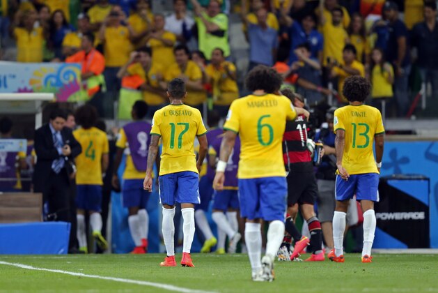 Brazil players leave the stadium at half-time during the World Cup semifinal soccer match between Brazil and Germany at the Mineirao Stadium in Belo Horizonte, Brazil, Tuesday, July 8, 2014. (AP Photo/Frank Augstein)