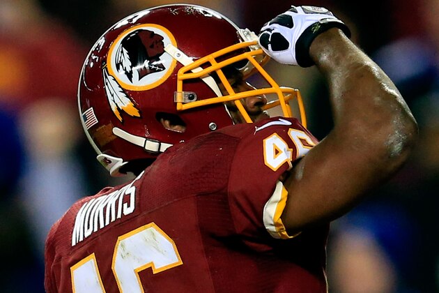 LANDOVER, MD - DECEMBER 01:  Alfred Morris #46 of the Washington Redskins celebrates after scoring a one yard touchdown in the first quarter against the New York Giants during their game at FedExField on December 1, 2013 in Landover, Maryland.  (Photo by Rob Carr/Getty Images)