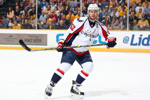 NASHVILLE, TN - MARCH 30: Mike Green #52 of the Washington Capitals skates against the Nashville Predators during an NHL game at Bridgestone Arena on March 30, 2014 in Nashville, Tennessee. (Photo by John Russell/NHLI via Getty Images)
