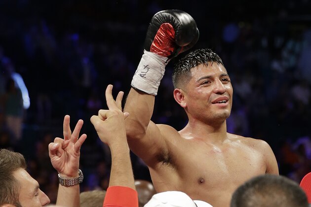 Abner Mares reacts after winning by technical knockout over Daniel Ponce De Leon in the ninth round of a WBC featherweight title fight, Saturday, May 4, 2013, in Las Vegas. (AP Photo/Isaac Brekken)
