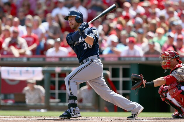 CINCINNATI, OH - JULY 05: Jonathan Lucroy #20 of the Milwaukee Brewers hits a double in the first inning during the game against the Cincinnati Reds at Great American Ball Park on July 5, 2014 in Cincinnati, Ohio.  (Photo by Andy Lyons/Getty Images)