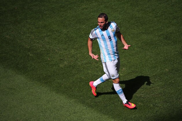 BRASILIA, BRAZIL - JULY 05:  Gonzalo Higuain of Argentina celebrates scoring his team's first goal during the 2014 FIFA World Cup Brazil Quarter Final match between Argentina and Belgium at Estadio Nacional on July 5, 2014 in Brasilia, Brazil.  (Photo by Jamie Squire/Getty Images)