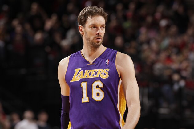 PORTLAND, OR - MARCH 3: Pau Gasol #16 of the Los Angeles Lakers looks on against the Portland Trailblazers on March 3, 2014 at the Moda Center Arena in Portland, Oregon. NOTE TO USER: User expressly acknowledges and agrees that, by downloading and or using this photograph, user is consenting to the terms and conditions of the Getty Images License Agreement. Mandatory Copyright Notice: Copyright 2014 NBAE (Photo by Cameron Browne/NBAE via Getty Images)