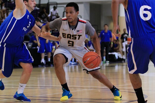 Jul 18, 2013; Washington, DC, USA; Team USA East player Isaiah Briscoe (9) dribbles the ball against Team France during the Nike Global Challenge at Trinity University in Washington, DC. Mandatory Credit: Geoff Burke-USA TODAY Sports