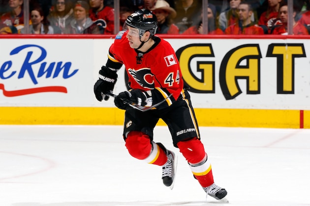 CALGARY, CANADA - MARCH 15:  Chris Butler #44 of the Calgary Flames skates against the Nashville Predators on March 15, 2013 at the Scotiabank Saddledome in Calgary, Alberta, Canada. The Flames won 6-3.  (Photo by Gerry Thomas/NHLI via Getty Images)