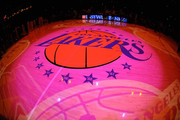 LOS ANGELES, CA - OCTOBER 22: The Los Angeles Lakers logo is shown before a game against the Utah Jazz at Staples Center on October 22, 2013 in Los Angeles, California. NOTE TO USER: User expressly acknowledges and agrees that, by downloading and/or using this Photograph, user is consenting to the terms and conditions of the Getty Images License Agreement. Mandatory Copyright Notice: Copyright 2013 NBAE (Photo by Noah Graham/NBAE via Getty Images)