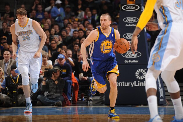DENVER, CO - April 16: Steve Blake #25 of the Golden State Warriors drives against the Denver Nuggets on April 16, 2014 at the Pepsi Center in Denver, Colorado. NOTE TO USER: User expressly acknowledges and agrees that, by downloading and/or using this Photograph, user is consenting to the terms and conditions of the Getty Images License Agreement. Mandatory Copyright Notice: Copyright 2014 NBAE (Photo by Bart Young/NBAE via Getty Images)