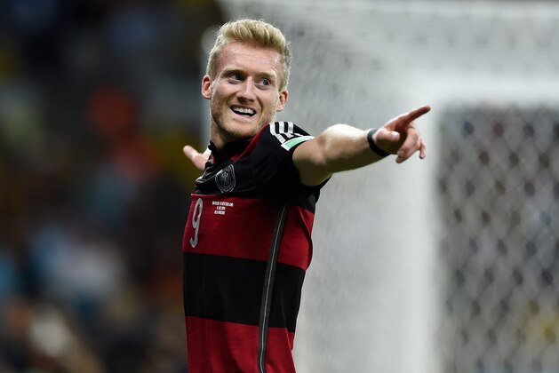 July 8, 2014; Belo Horizonte, BRAZIL; Germany player Andre Schuerrle (9) celebrates after the seventh goal against Brazil during the semifinal match in the 2014 World Cup at Mineirao Stadium.  Mandatory Credit: Tim Groothuis/Witters Sport via USA TODAY Sports