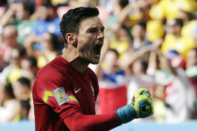 France's goalkeeper Hugo Lloris reacts after teammate Paul Pogba scored his side's first goal during the World Cup round of 16 soccer match between France and Nigeria at the Estadio Nacional in Brasilia, Brazil, Monday, June 30, 2014. (AP Photo/Petr David Josek)