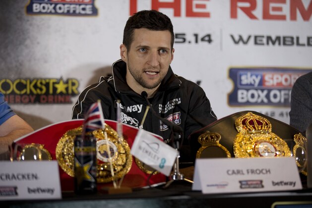 IBF and WBA super-middleweight boxing champion Carl Froch speaks during a press conference with his opponent George Groves at Wembley Stadium in London, Thursday, May 29, 2014.  Billed as one of the biggest fights in British boxing history, the second installment of Carl Froch vs. George Groves has the ingredients of a classic. Saturday's fight for Froch's IBF and WBA super-middleweight titles will take place at Wembley Stadium in front of a record British boxing crowd of about 80,000 fans.  (AP Photo/Matt Dunham)