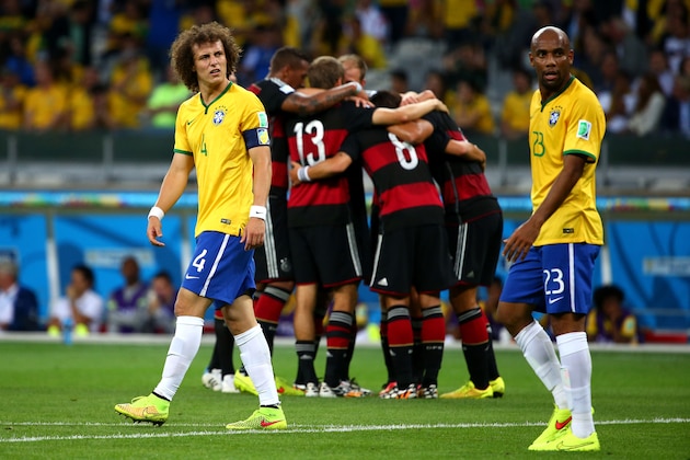 BELO HORIZONTE, BRAZIL - JULY 08: David Luiz and Maicon of Brazil look dejected after allowing Germany's fifth goal during the 2014 FIFA World Cup Brazil Semi Final match between Brazil and Germany at Estadio Mineirao on July 8, 2014 in Belo Horizonte, Brazil. (Photo by Robert Cianflone/Getty Images) BELO HORIZONTE, BRAZIL - JULY 08: David Luiz and Maicon of Brazil look dejected after allowing Germany's fifth goal during the 2014 FIFA World Cup Brazil Semi Final match between Brazil and Germany at Estadio Mineirao on July 8, 2014 in Belo Horizonte, Brazil. (Photo by Robert Cianflone/Getty Images)