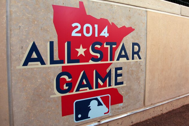 Jul 31, 2013; Minneapolis, MN, USA;  2014 MLB All Star Game logo on the wall behind home plate prior to the game between the Minnesota Twins and Kansas City Royals at Target Field. Mandatory Credit: Brace Hemmelgarn-USA TODAY Sports