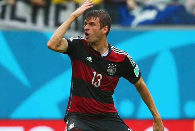 RECIFE, BRAZIL - JUNE 26: Thomas Mueller of Germany reacts during the 2014 FIFA World Cup Brazil group G match between the United States and Germany at Arena Pernambuco on June 26, 2014 in Recife, Brazil.  (Photo by Robert Cianflone/Getty Images)