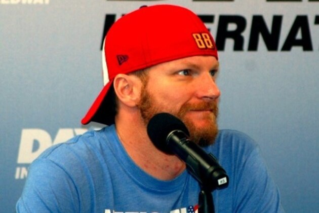 Dale Earnhardt Jr. listens to a media question at Daytona International Speedway.