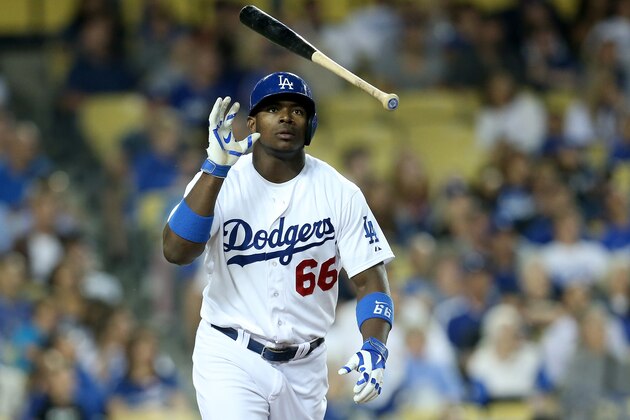 LOS ANGELES, CA - JUNE 30: Yasiel Puig #66 of the Los Angeles Dodgers tosses his bat after popping up in the sixth inning the Cleveland Indians at Dodger Stadium on June 30, 2014 in Los Angeles, California.  (Photo by Stephen Dunn/Getty Images)