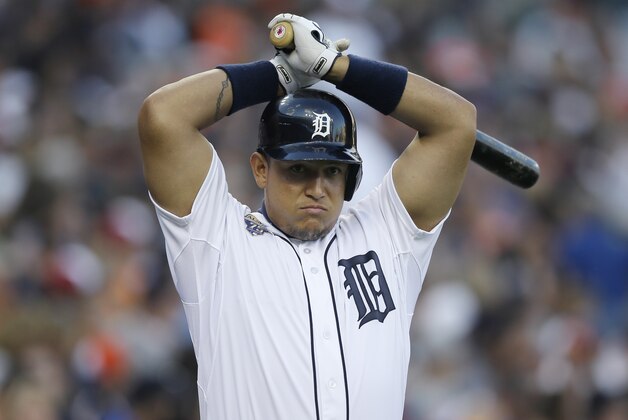 Detroit Tigers' Miguel Cabrera prepares to bat during the fourth inning of a baseball game against the Tampa Bay Rays in Detroit, Friday, July 4, 2014. (AP Photo/Carlos Osorio)