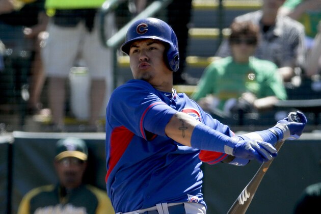 Chicago Cubs' Javier Baez strikes out against the Oakland Athletics during the first inning of a spring exhibition baseball game in Phoenix, Monday, March 17, 2014. (AP Photo/Chris Carlson)