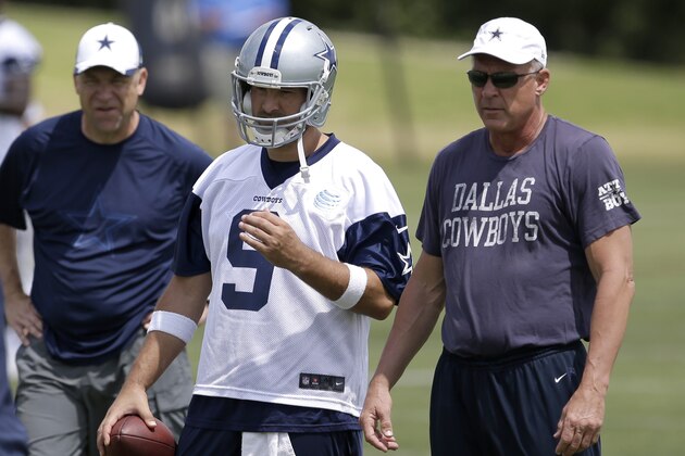 Dallas Cowboys quarterback Tony Romo stands by quarterbacks coach Wade Wilson, right, as they watch the team run drills during an NFL football organized team activity, Tuesday, May 27, 2014, in Irving, Texas. (AP Photo/Tony Gutierrez)