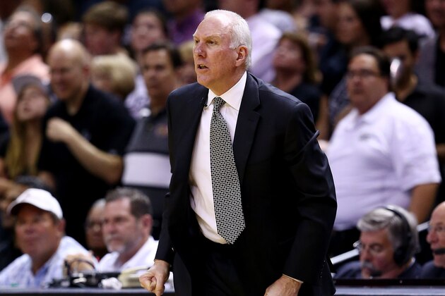 SAN ANTONIO, TX - JUNE 15: Gregg Popovich of the San Antonio Spurs looks on against the Miami Heat during Game Five of the 2014 NBA Finals at the AT&T Center on June 15, 2014 in San Antonio, Texas. NOTE TO USER: User expressly acknowledges and agrees that, by downloading and or using this photograph, User is consenting to the terms and conditions of the Getty Images License Agreement.  (Photo by Andy Lyons/Getty Images)