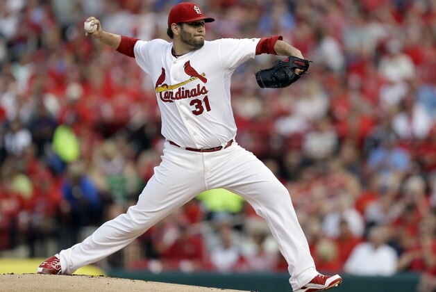 St. Louis Cardinals starting pitcher Lance Lynn throws during the first inning of a baseball game against the Pittsburgh Pirates Wednesday, July 9, 2014, in St. Louis. (AP Photo/Jeff Roberson)