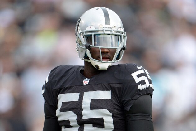 Oct 21, 2012; Oakland, CA, USA; Oakland Raiders linebacker Rolando McClain (55) during the game against the Jacksonville Jaguars at O.co Coliseum. The Raiders defeated the Jaguars in overtime 26-23. Mandatory Credit: Kirby Lee/Image of Sport-USA TODAY Sports Oct 21, 2012; Oakland, CA, USA; Oakland Raiders linebacker Rolando McClain (55) during the game against the Jacksonville Jaguars at O.co Coliseum. The Raiders defeated the Jaguars in overtime 26-23. Mandatory Credit: Kirby Lee/Image of Sport-USA TODAY Sports