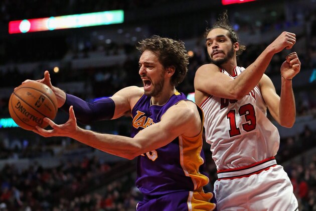 CHICAGO, IL - JANUARY 20:Pau Gasol #16 of the Los Angeles Lakers rebounds next to Joakim Noah #13 of the Chicago Bulls at the United Center on January 20, 2014 in Chicago, Illinois. The Bulls defeated the Lakers 102-100 in overtime. NOTE TO USER: User expressly acknowledges and agrees that, by downloading and or using this photograph, User is consenting to the terms and conditions of the Getty Images License Agreement. (Photo by Jonathan Daniel/Getty Images) CHICAGO, IL - JANUARY 20:Pau Gasol #16 of the Los Angeles Lakers rebounds next to Joakim Noah #13 of the Chicago Bulls at the United Center on January 20, 2014 in Chicago, Illinois. The Bulls defeated the Lakers 102-100 in overtime. NOTE TO USER: User expressly acknowledges and agrees that, by downloading and or using this photograph, User is consenting to the terms and conditions of the Getty Images License Agreement. (Photo by Jonathan Daniel/Getty Images)
