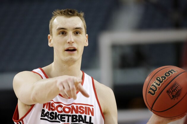 Wisconsin forward Sam Dekker participates in a drill during practice for an NCAA Final Four tournament college basketball semifinal game Friday, April 4, 2014, in Dallas. Wisconsin plays Kentucky on Saturday, April 5, 2014. (AP Photo/David J. Phillip)