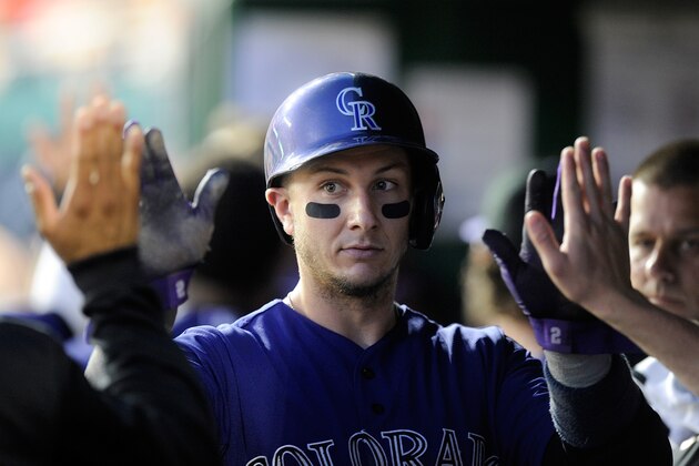 WASHINGTON, DC - JUNE 30:  Troy Tulowitzki #2 of the Colorado Rockies celebrates with teammates after scoring in the sixth inning against the Washington Nationals at Nationals Park on June 30, 2014 in Washington, DC.  (Photo by Greg Fiume/Getty Images)