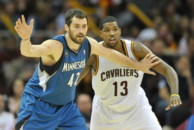 Nov 4, 2013; Cleveland, OH, USA; Minnesota Timberwolves power forward Kevin Love (42) and Cleveland Cavaliers power forward Tristan Thompson (13) at Quicken Loans Arena. Cleveland won 93-92. Mandatory Credit: David Richard-USA TODAY Sports