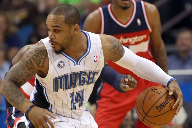 Orlando Magic guard Jameer Nelson (14)  during an NBA basketball game between the Orlando Magic and Washington Wizards in Orlando, Fla., on Friday, Apr. 11, 2014.  The Wizards won 96-86. (AP Photo/Reinhold Matay)