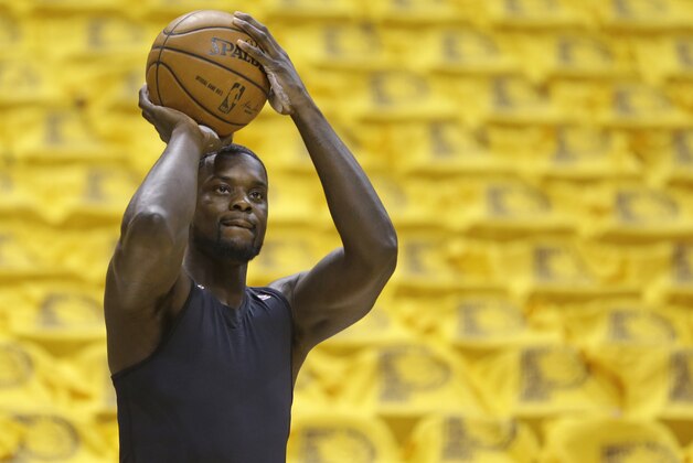 Indiana Pacers guard Lance Stephenson shoots before Game 5 of the NBA basketball Eastern Conference finals against the Miami Heat, in Indianapolis on Wednesday, May 28, 2014. (AP Photo/Michael Conroy)