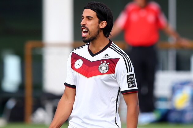 SANTO ANDRE, BRAZIL - JULY 10: Sami Khedira of Germany looks on during the German national team training session at Campo Bahia on July 10, 2014 in Santo Andre, Brazil.  (Photo by Martin Rose/Getty Images)